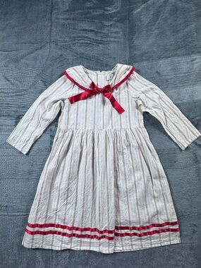 ATUN Girls 100% Cotton Sailor Collar Striped Dress Red Satin Ribbon Trim Sz 7-8